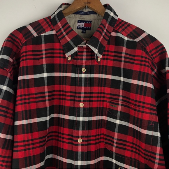 VTG Tommy Hilfiger XL Red Tartan Plaid Long Sleeve Button Up Shirt Crest Logo - Picture 3 of 16